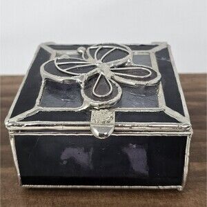 Butterfly Stained Glass Trinket Box Mirror Base Chain Hinged Lid Multicolor 3x3"